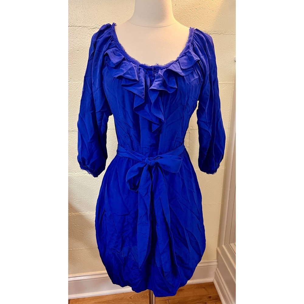 Rebecca Taylor 100% Silk Dress‎ Womens Sz 0 Blue Ruffle Neck Pockets 3/4 Sleeve